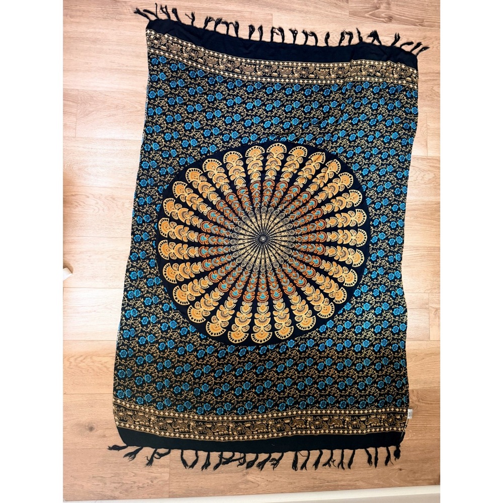 Ce-Co Pareo Mandala Elephant Tapestry Sarong Wrap Beach Cover Up Blue Gold Black